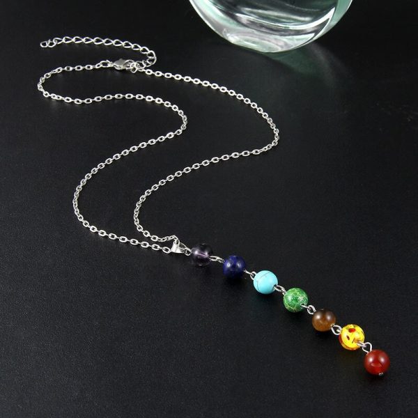 7 Chakra Beads Yoga Reiki Rainbow Natural Stone Long Drop Pendant Necklace - Image 3