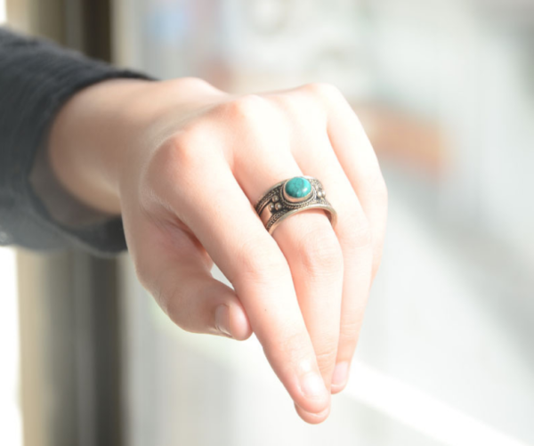 Elegant Adjustable Turquoise and Tibetan Silver Amulet Ring - Image 3