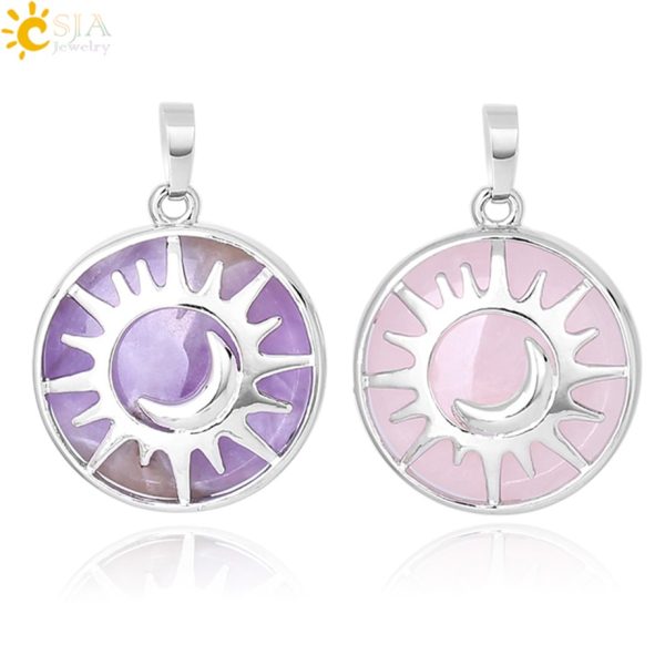 Sun & Moon Pendant with Healing Natural Stones | Amethyst, Quartz, and More