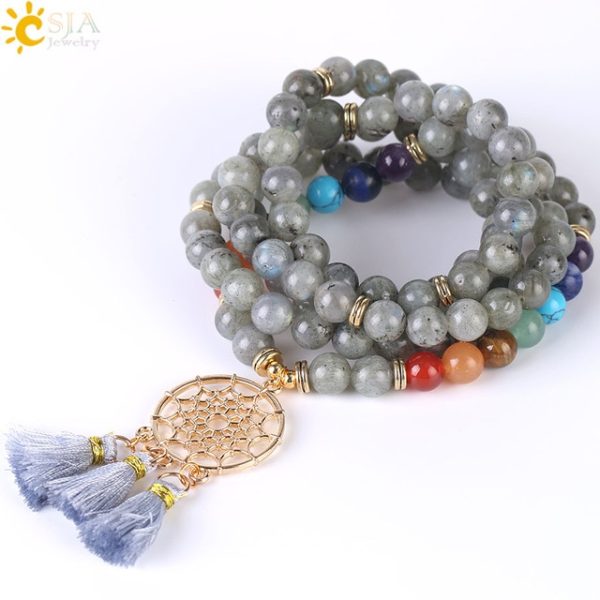 Japamala 108 Mala Beads Bracelet with Dream Catcher Tassel | 8MM Natural Stones - Image 15