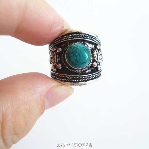 Elegant Adjustable Turquoise and Tibetan Silver Amulet Ring