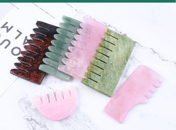 Natural Stone Hair Comb Massager Gua Sha | Rose Quartz, Green Aventurine, Jade & Obsidian - Image 2