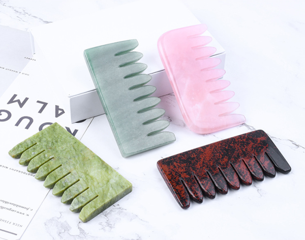 Natural Stone Hair Comb Massager Gua Sha | Rose Quartz, Green Aventurine, Jade & Obsidian