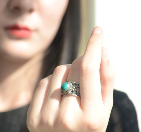 Elegant Adjustable Turquoise and Tibetan Silver Amulet Ring - Image 2