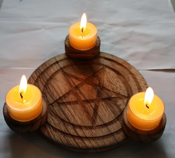 Pentagram Wood Candlestick Mini Altar | Table Altar for Tarots, Meditation Stones, and Wicca Rituals - Image 6