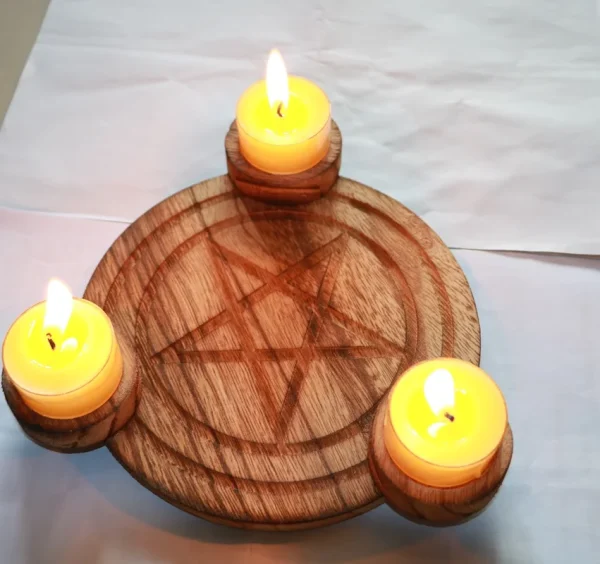 Pentagram Wood Candlestick Mini Altar | Table Altar for Tarots, Meditation Stones, and Wicca Rituals - Image 3