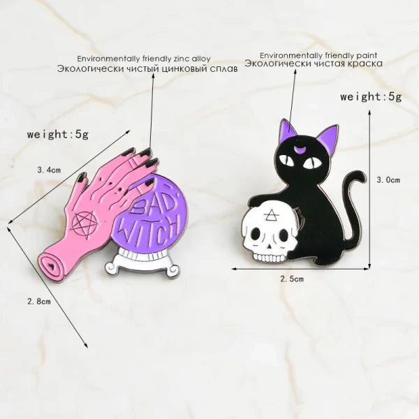 Chose Your Pin! Bad Witch Hand with Crystal Ball or Black Cat with Skull Retro Enamel Pin Brooch - Image 2