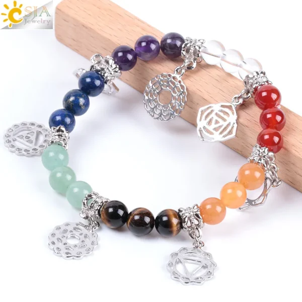 7 Chakra Healing Balance Energy Beads Bracelet | 8mm Natural Stone with Chakra Symbol Charms - Image 2