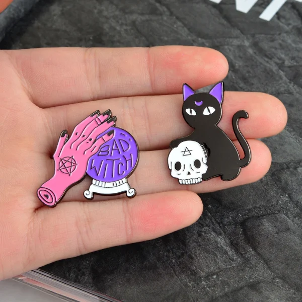 Chose Your Pin! Bad Witch Hand with Crystal Ball or Black Cat with Skull Retro Enamel Pin Brooch