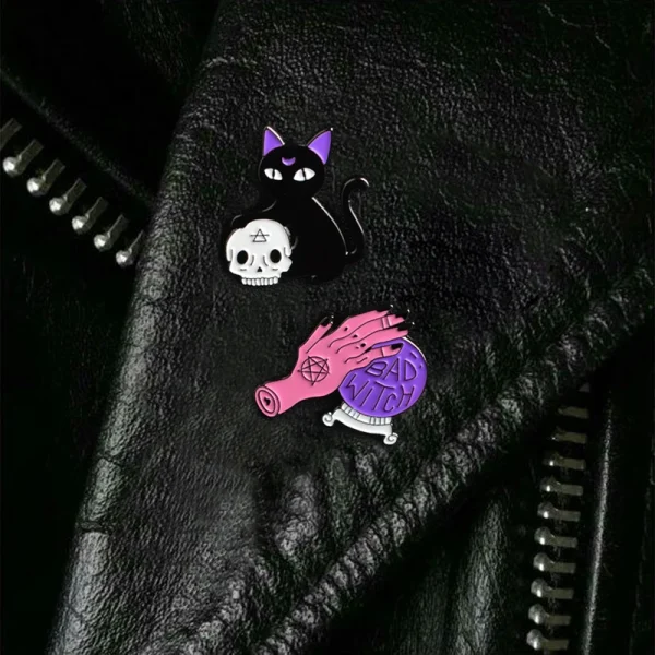 Chose Your Pin! Bad Witch Hand with Crystal Ball or Black Cat with Skull Retro Enamel Pin Brooch - Image 3