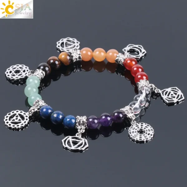 7 Chakra Healing Balance Energy Beads Bracelet | 8mm Natural Stone with Chakra Symbol Charms - Image 4