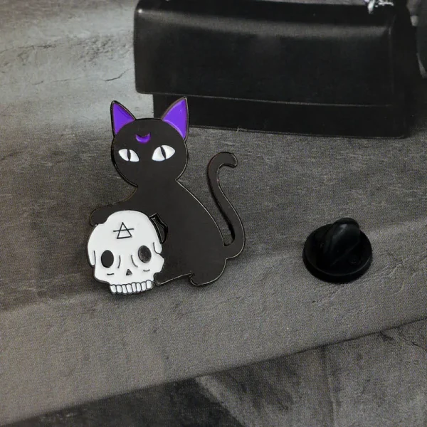 Chose Your Pin! Bad Witch Hand with Crystal Ball or Black Cat with Skull Retro Enamel Pin Brooch - Image 5